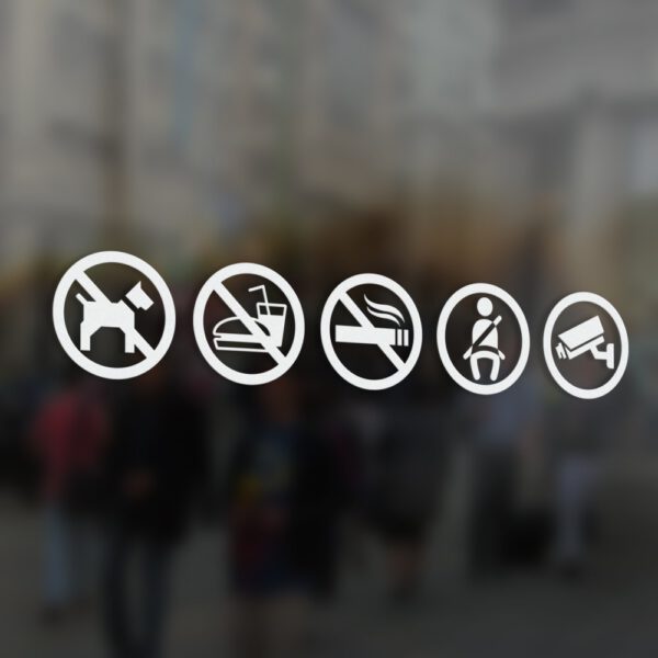 Naklejki informacyjne na samochód: monitoring, rejestracja obrazu, zapnij pasy, zakaz palenia, zakaz jedzenia i picia, zakaz wsiadania ze zwierzętami.