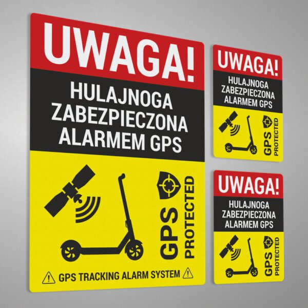 Naklejka informacyjna - Hulajnoga zabezpieczona alarmem GPS. GPS tracking.