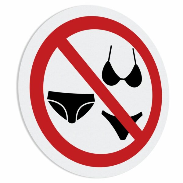 Naklejka "Zakaz Wejścia w Stroju Kąpielowym" informująca o tym, że klienci w strojach kąpielowych nie będą obsługiwani.
