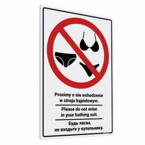 Naklejka z komunikatem w języku polskim, angielskim i ukraińskim „Prosimy o nie wchodzenie w stroju kąpielowym. Please do not enter in your bathing suit. Будь ласка, не входьте у купальнику.”