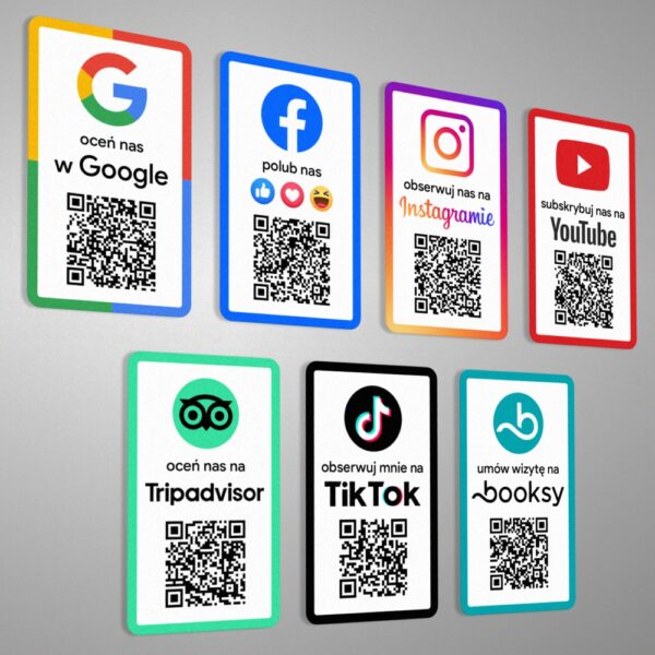 Naklejki z kodem QR, Oceń nas w Google, Polub nas na Facebooku, Obserwuj nas na Instagramie, Oceń nas na Tripadvisor, Obserwuj nas na TikTok, Umów wizytę na booksy, subskrybuj nas na youtube.