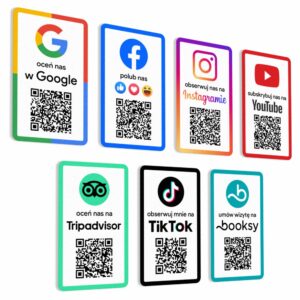 Naklejki z kodem QR, Oceń nas w Google, Polub nas na Facebooku, Obserwuj nas na Instagramie, Oceń nas na Tripadvisor, Obserwuj nas na TikTok, Umów wizytę na booksy, subskrybuj nas na youtube.