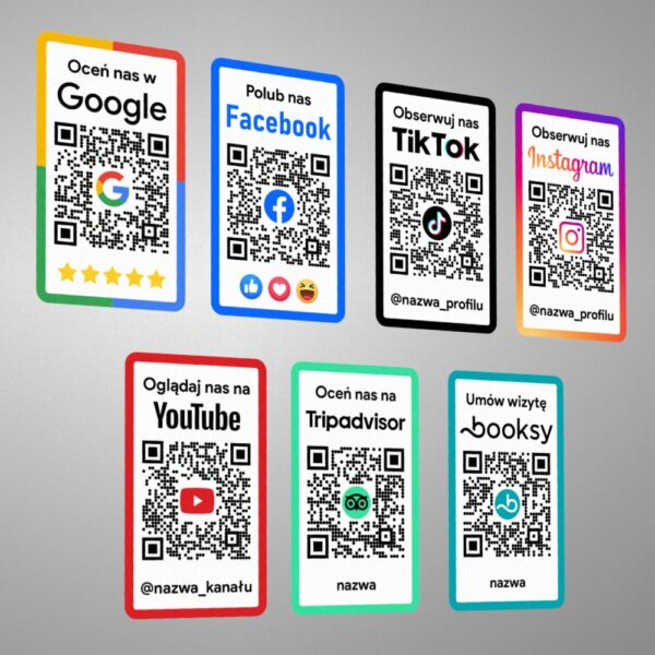 Naklejki z kodem QR, Oceń nas w Google, Polub nas na Facebooku, Obserwuj nas na Instagramie, Oceń nas na Tripadvisor, Obserwuj nas na TikTok, Umów wizytę na booksy, oglądaj nas na youtube.