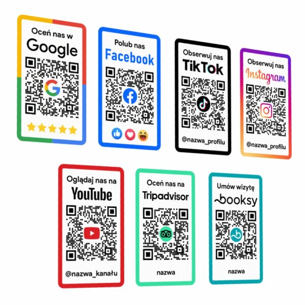 Naklejki z kodem QR, Oceń nas w Google, Polub nas na Facebooku, Obserwuj nas na Instagramie, Oceń nas na Tripadvisor, Obserwuj nas na TikTok, Umów wizytę na booksy, oglądaj nas na youtube.